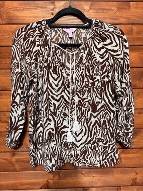 Lilly Pulitzer Brown Cream Zebra Animal Print‎ Peasant Top with Tassel Tie